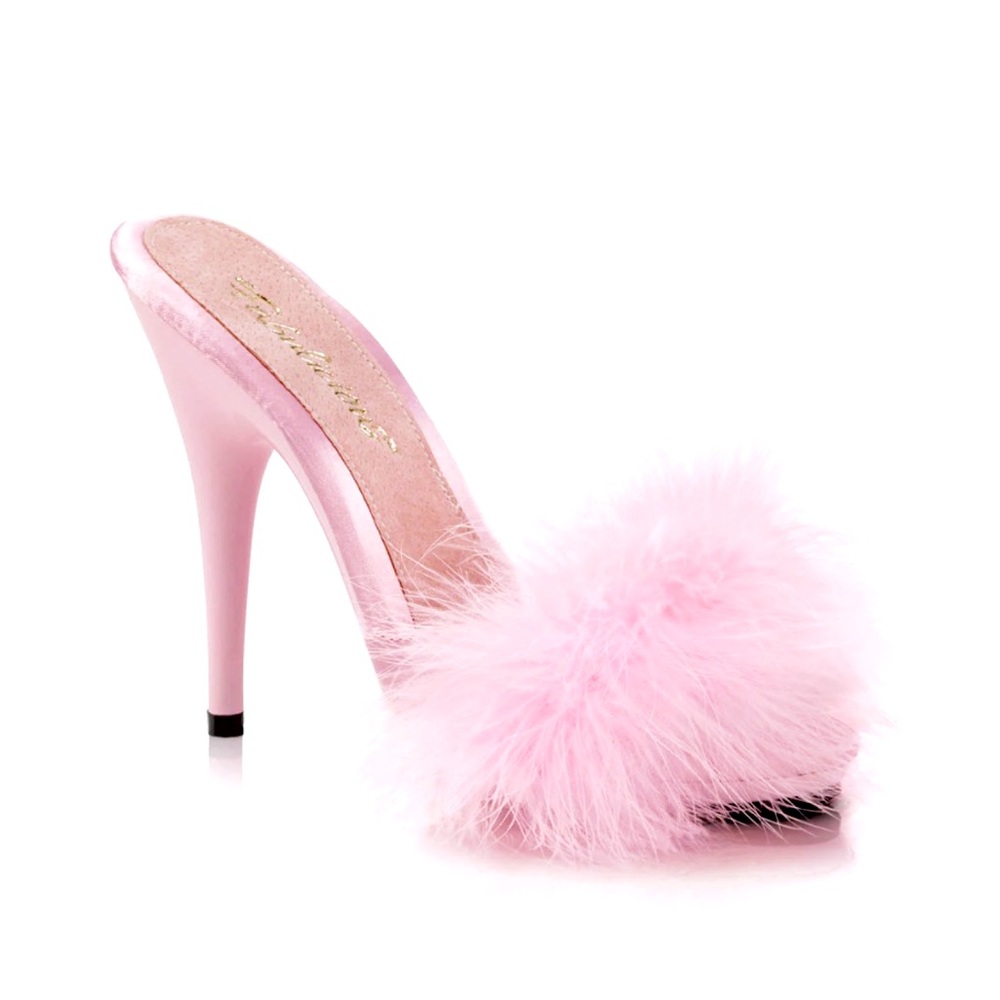 Baby Pink Marabou Feather Satin and Suede Sandal Mules High Heels - Picture 7 of 7